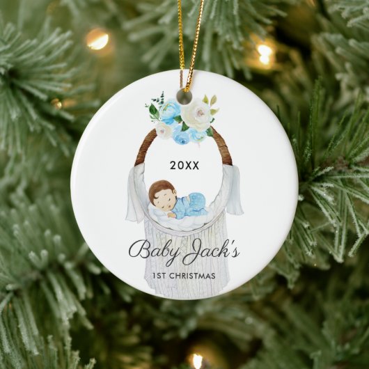Slaapende Baby Bassinet Personalized Boy 1st Xmas Keramisch Ornament (Boom)