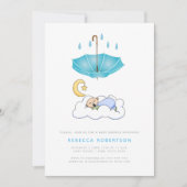 Slaapende babyjongen doucht blauwe paraplu kaart (Voorkant)