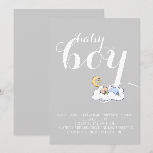 Slaapende babyjongen doucht elegante tekst grijs kaart (Voorkant / Achterkant)