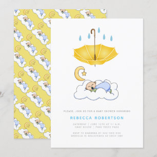 Slaapende babyjongen doucht gele paraplu kaart