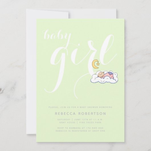 Slaapende babymeisjes douchen bleek groene typogra kaart (Voorkant)