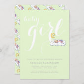 Slaapende babymeisjes douchen bleek groene typogra kaart (Voorkant / Achterkant)