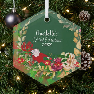 Slaapende baby's 1e kerst groene bloemenkrans glas ornament