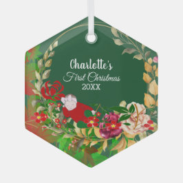 Slaapende baby's eerste kerstgroene Floral Wreath Glas Ornament