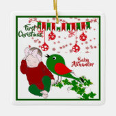 Slaapende baby's met eerste kerstkunst die Birdie  Keramisch Ornament (Voorkant)
