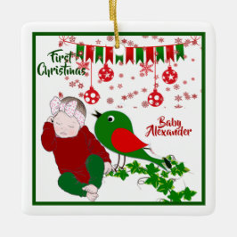 Slaapende baby's met eerste kerstkunst die Birdie  Keramisch Ornament