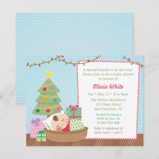 Slaapende babyschoeisel met kerstcadeautjes kaart (Voorkant / Achterkant)