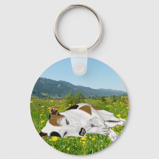 Slaapende Jack Russell in een bloeiend beemje Sleutelhanger (Voorkant)