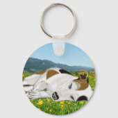 Slaapende Jack Russell in een bloeiend beemje Sleutelhanger (Achterkant)