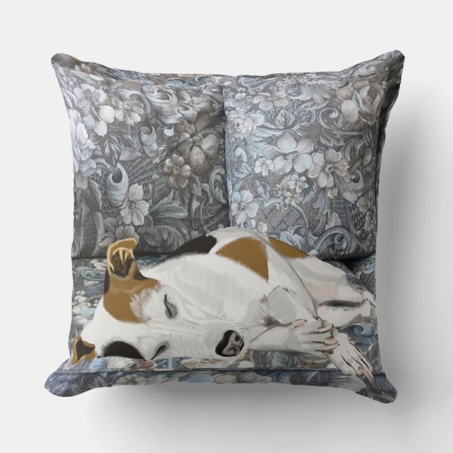 Slaapende Jack Russell op een Blue Floral Sofa Kussen (Voorkant)