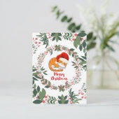 Slaapende kerstkat Waterverf Wreater Greenery Briefkaart (Staand voorkant)