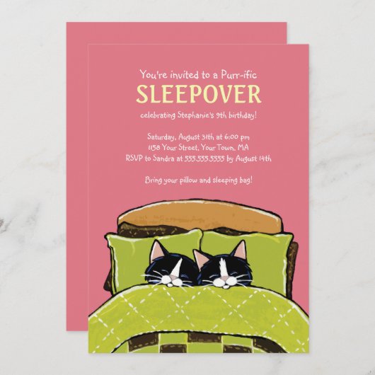 Slaapende Kitten Slumber Party-uitnodigingen Kaart (Voorkant / Achterkant)