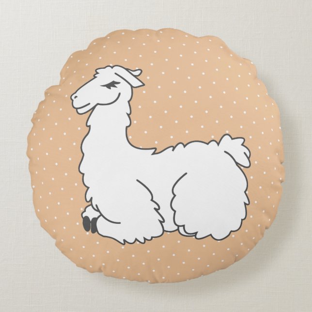 Slaapende Llama- en Witte Zwitserse Stippen Rond Kussen (Voorkant)