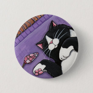 Slaapende zwarte kat- en Speelgoed-muis - Kat art- Ronde Button 5,7 Cm