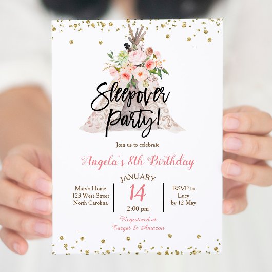 Slaapfeest meisjes verjaardagsuitnodiging kaart