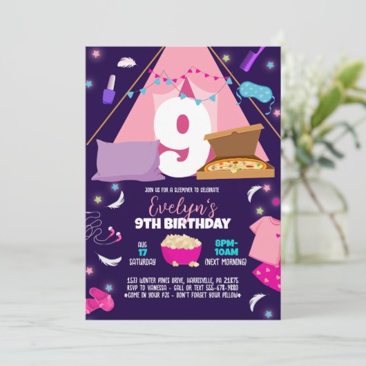 Slaapfeest Sjabloon, Logeerpartij uitnodiging voor (Staand voorkant)