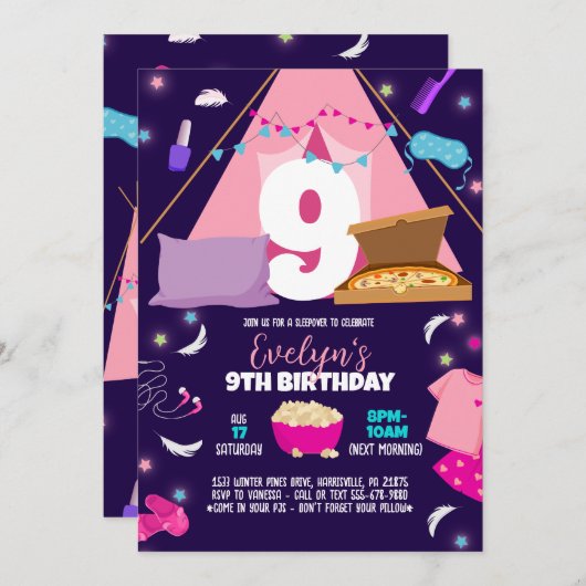 Slaapfeest Sjabloon, Logeerpartij uitnodiging voor (Voorkant / Achterkant)