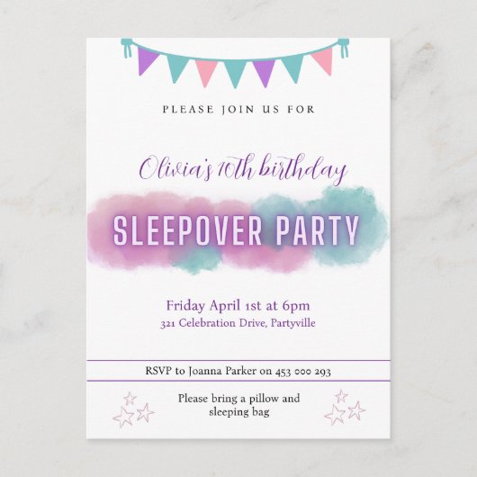 Slaapfeest uitnodiging | Mooie pasteltinten  (Voorkant)