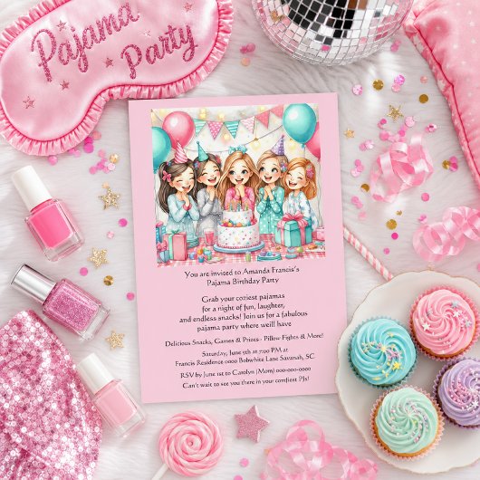 Slaapfeest uitnodiging voor meisjes in pyjama
