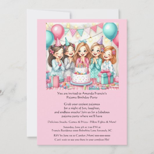 Slaapfeest uitnodiging voor meisjes in pyjama (Voorkant)