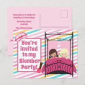 Slaapfeest verjaardagsuitnodiging roze voor meisje briefkaart (Voorkant / Achterkant)