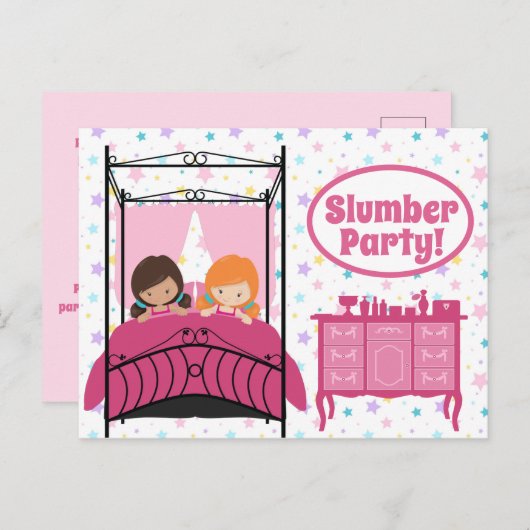 Slaapfeestje verjaardagsuitnodiging voor meisjes i briefkaart (Voorkant / Achterkant)