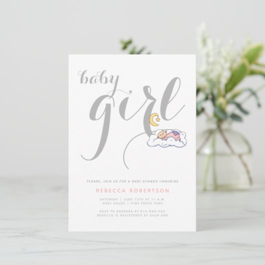 Slaapfeestje voor baby meisje grijs minimale typog kaart (Staand voorkant)