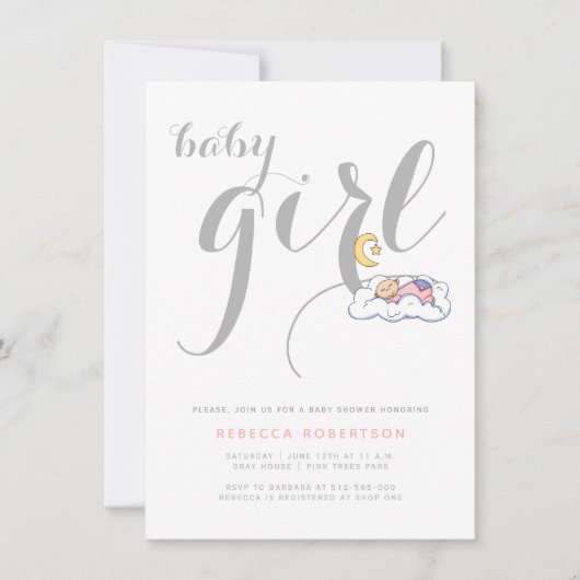 Slaapfeestje voor baby meisje grijs minimale typog kaart (Voorkant)