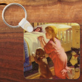 Slaapgebeden, Meisje met Puppies, Antieke Religie Sleutelhanger (Voorkant)