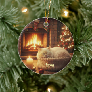 Slaapkat Kerstboomornament met Eigen Naam Keramisch Ornament