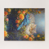 Slaapkat met blauwe veren Nesten in Rozen Legpuzzel (Horizontaal)