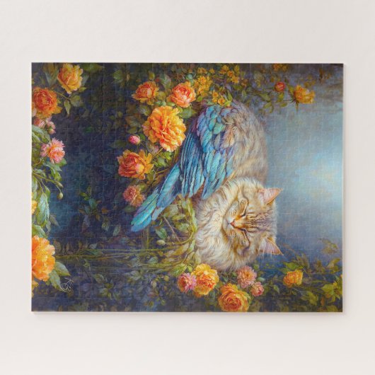 Slaapkat met blauwe veren Nesten in Rozen Legpuzzel (Horizontaal)