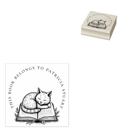 Slaapkat op boek Circulaire naam Ex Libris Rubberstempel (Gestempeld)
