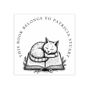 Slaapkat op boek Circulaire naam Ex Libris Rubberstempel