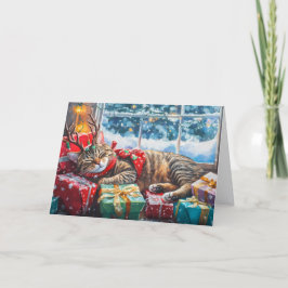 Slaapkattige kat op kerstpakketten feestdagen kaart