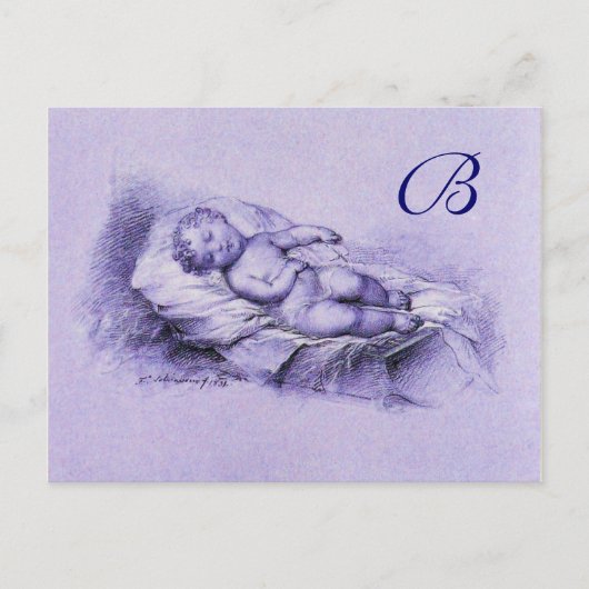 SLAAPKIND, BLAUWE BABY SHOWER MONOGRAM UITNODIGING BRIEFKAART (Voorkant)