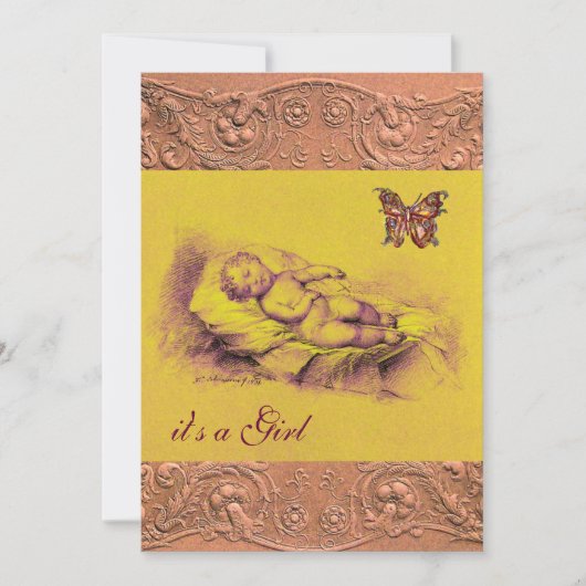 SLAAPKIND, BUTTERFLY GEEL BABY SHOWER PINK KAART (Voorkant)