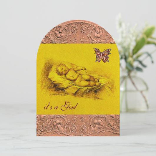 SLAAPKIND, BUTTERFLY GEEL BABY SHOWER PINK KAART (Staand voorkant)