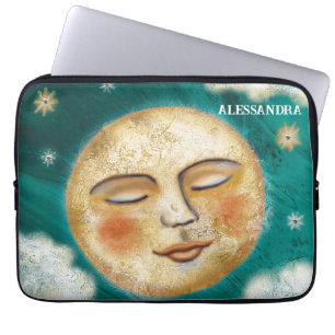 Slaapmaan met sterren Blauwgroen gepersonaliseerd Laptop Sleeve