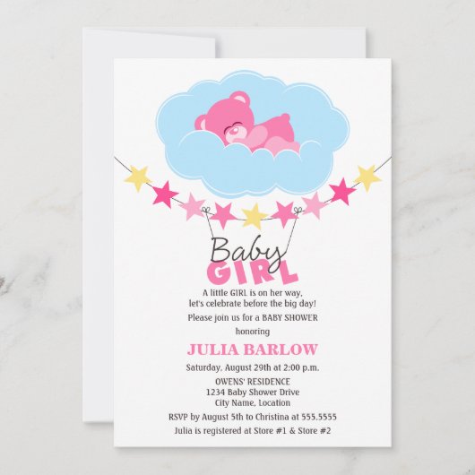 Slaaproze Teddy Bear in het Baby shower van de clo Kaart (Voorkant)