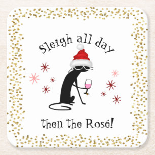 Slaapse hele dag daarna Rosé grappige kerstkat Kartonnen Onderzetters