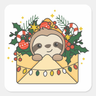 Slaapse kerstbrief Winterdieren Sloths Squar Vierkante Sticker