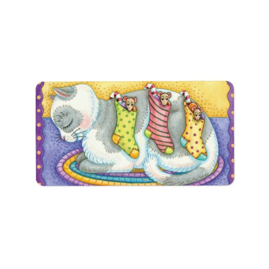 Slaapstand met kerstkat met muizen in voorraad etiket (Voorkant)