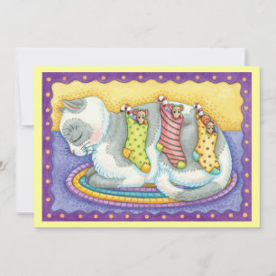 Slaapstand met kerstkat met muizen in voorraad feestdagenkaart