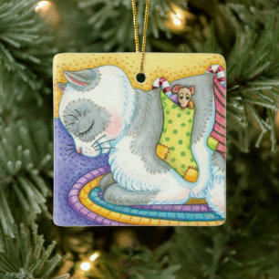 Slaapstand met kerstkat met muizen in voorraad keramisch ornament