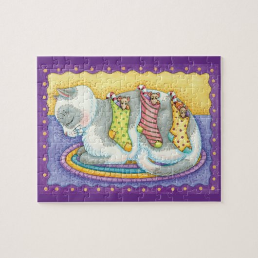 Slaapstand met kerstkat met muizen in voorraad legpuzzel (Horizontaal)