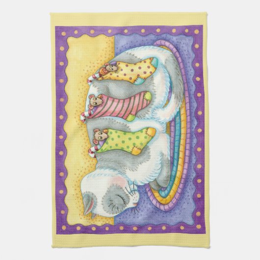 Slaapstand met kerstkat met muizen in voorraad theedoek (Verticaal)