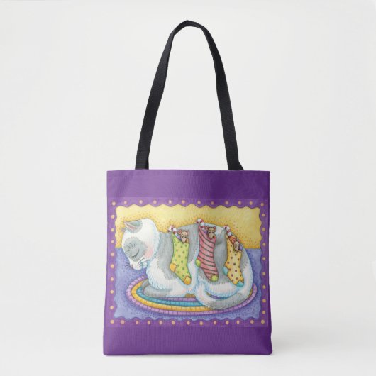 Slaapstand met kerstkat met muizen in voorraad tote bag (Voorkant)