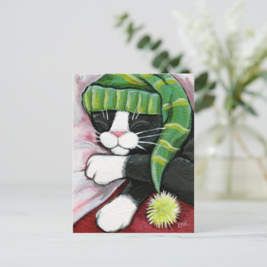 Slaapstand Tuxedo Cat met Nightcap Art Briefkaart (Staand voorkant)