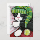 Slaapstand Tuxedo Cat met Nightcap Art Briefkaart (Voorkant / Achterkant)